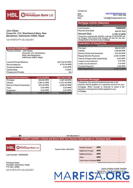 Downloadable Nepal Himalayan Bank mortgage statement Word and PDF template